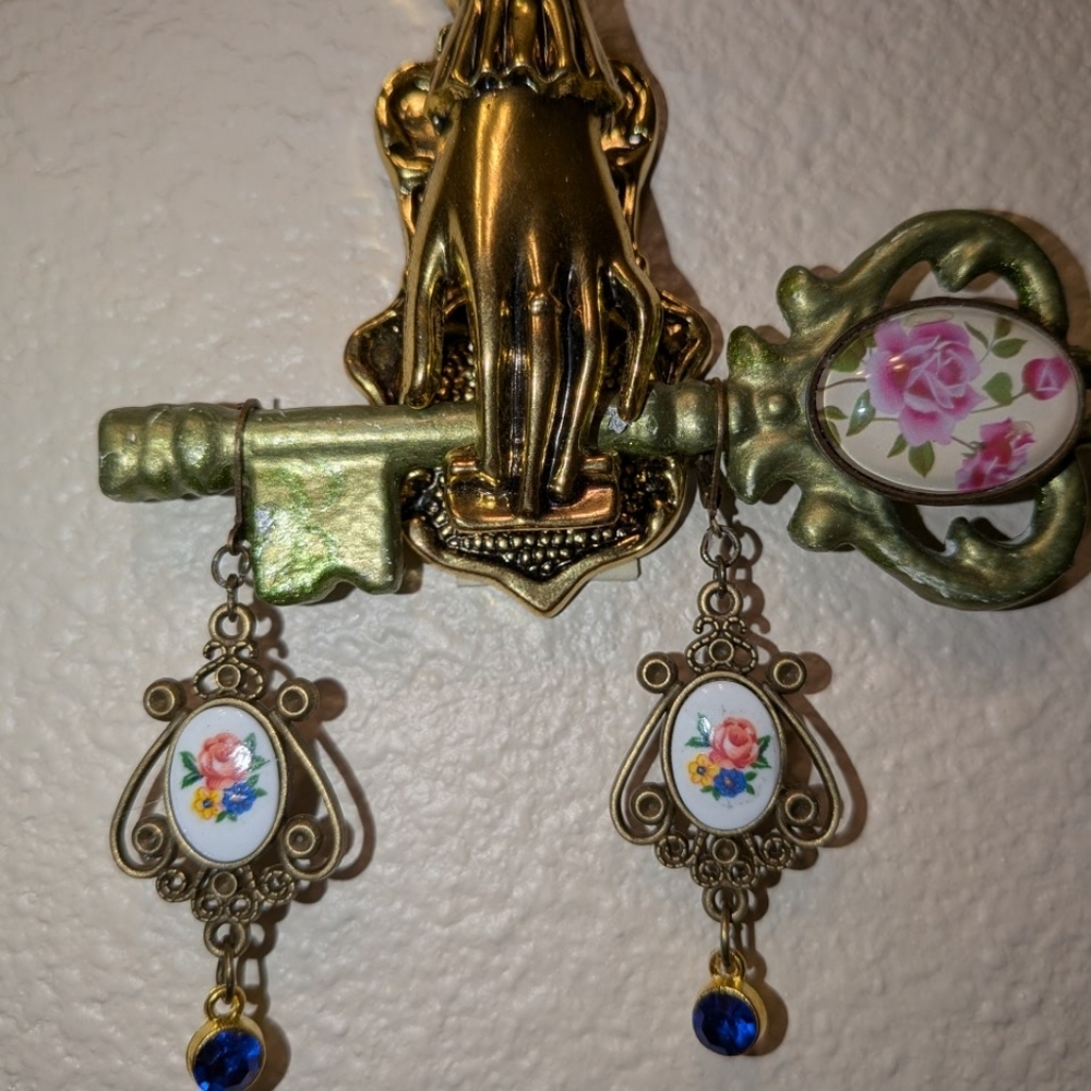 Floral Gold and Blue Drop Earrings